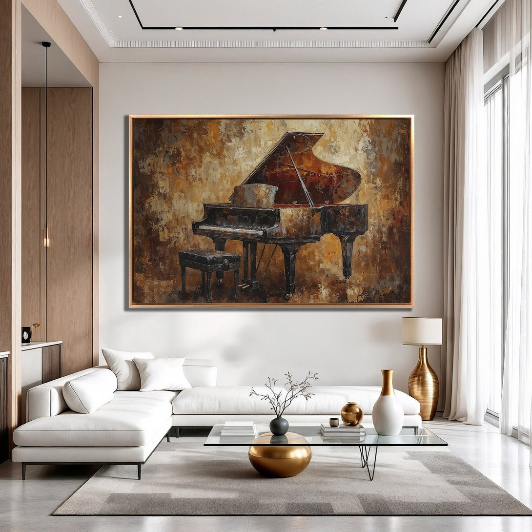 Framed Wall Art: Elegant piano painting in warm brown tones. Adds sophistication to any living room. Perfect for music lovers!