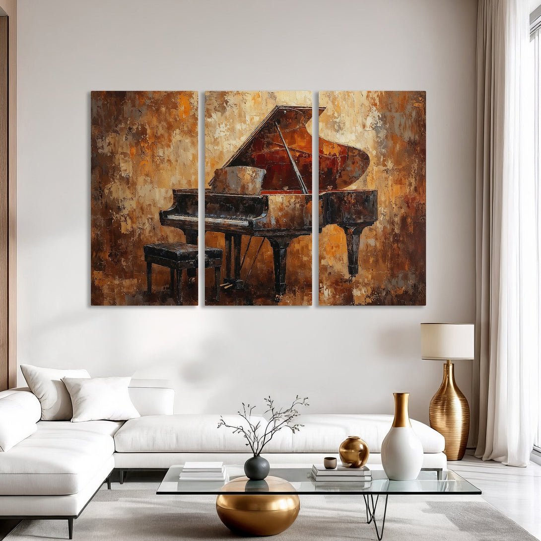 Canvas Print of a grand piano in an abstract style with a warm brown and gold color palette, perfect for living room decor.