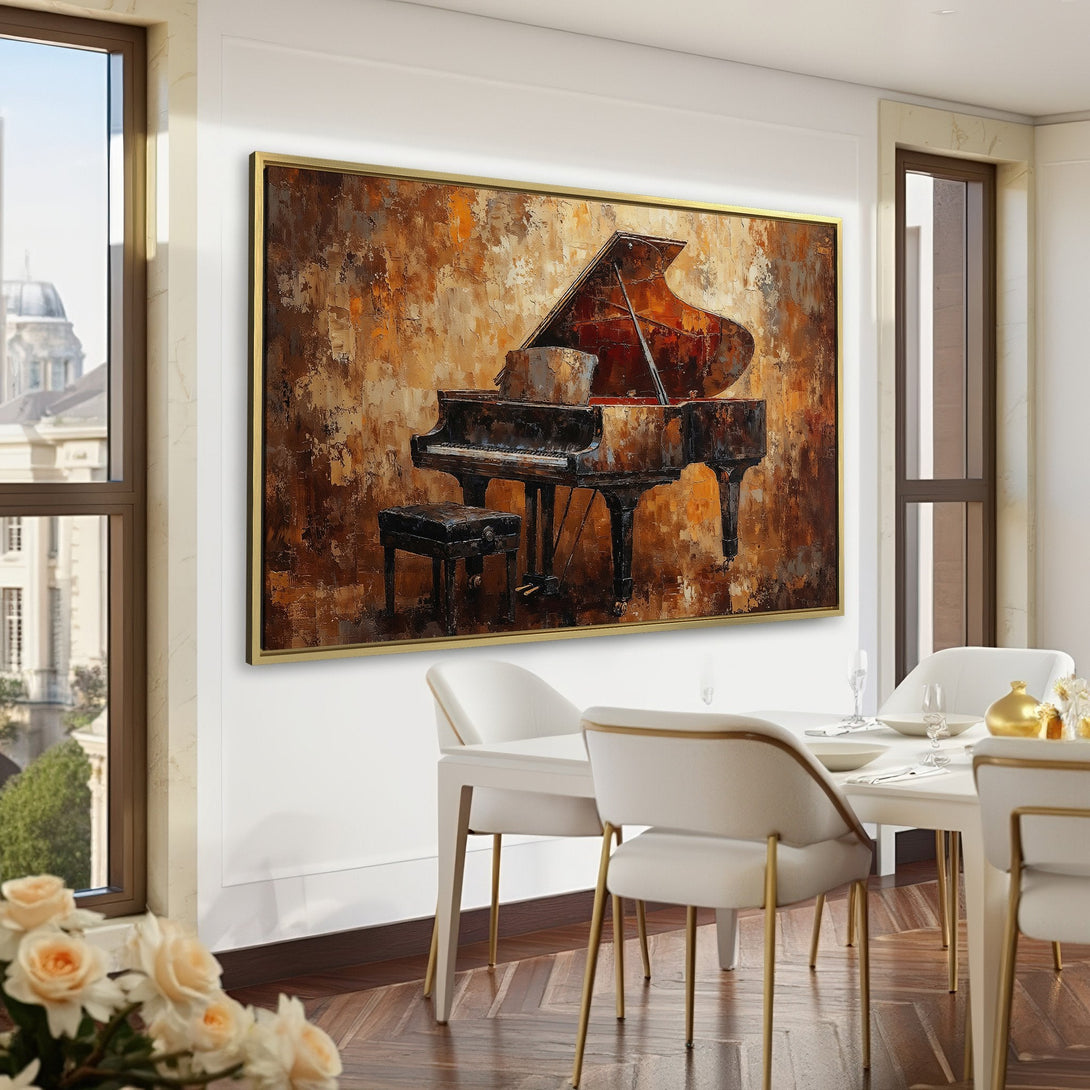 Canvas Print of a grand piano in warm brown tones, perfect for adding elegance to any room. Abstract style, ideal wall decor.