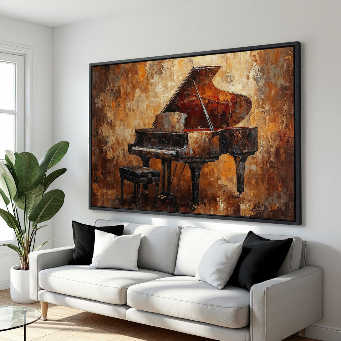 Framed Wall Art: Impressive piano painting in warm earth tones. Adds elegance and musical flair to any space. Perfect for living rooms and music rooms.