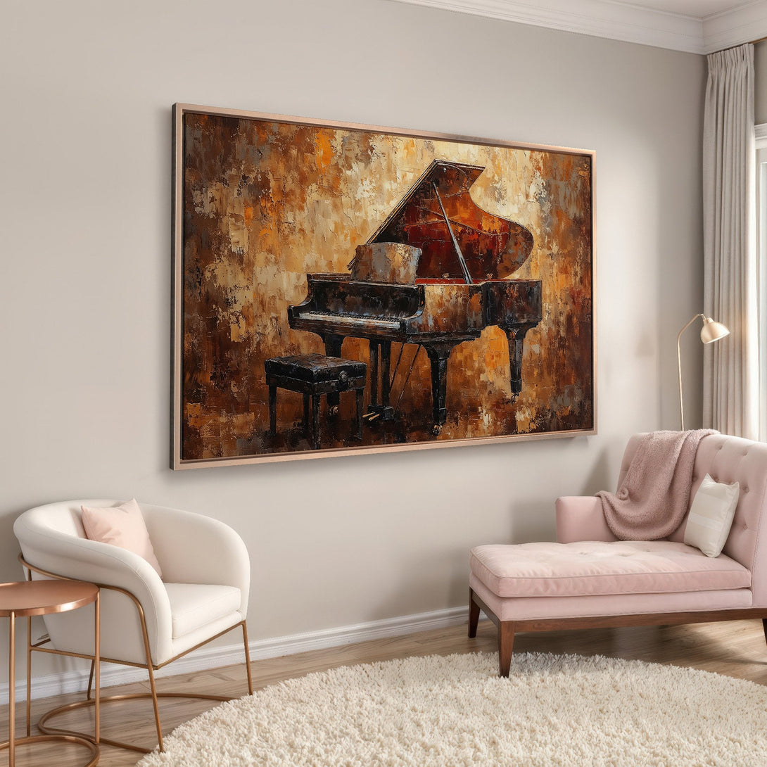 Framed Wall Art: Abstract piano painting in warm brown and orange tones. Adds elegance to any living room. Shop canvas prints for stylish home decor!