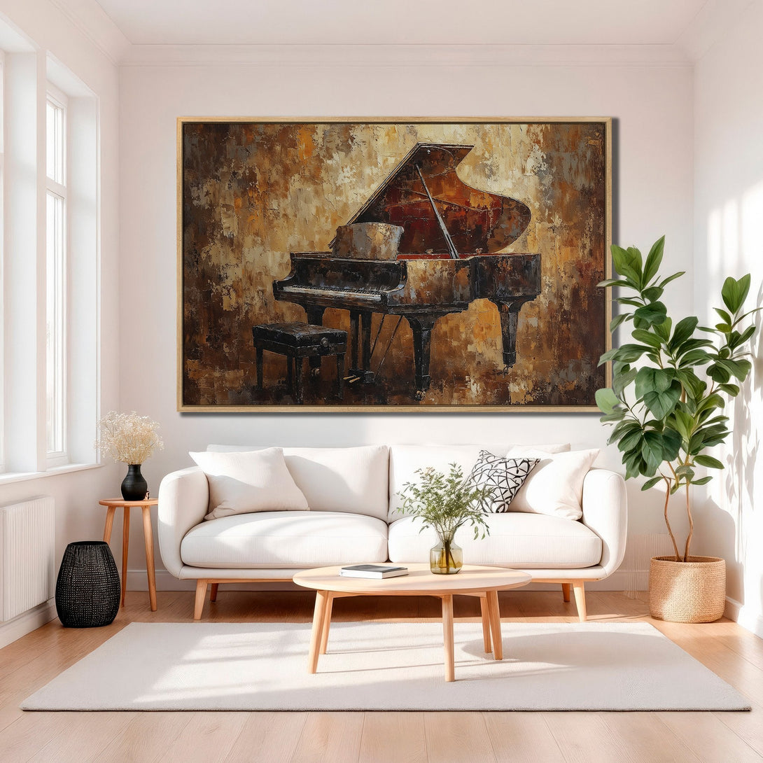Framed Wall Art featuring a grand piano painting in warm brown tones. Perfect for adding a touch of elegance to your living room decor.