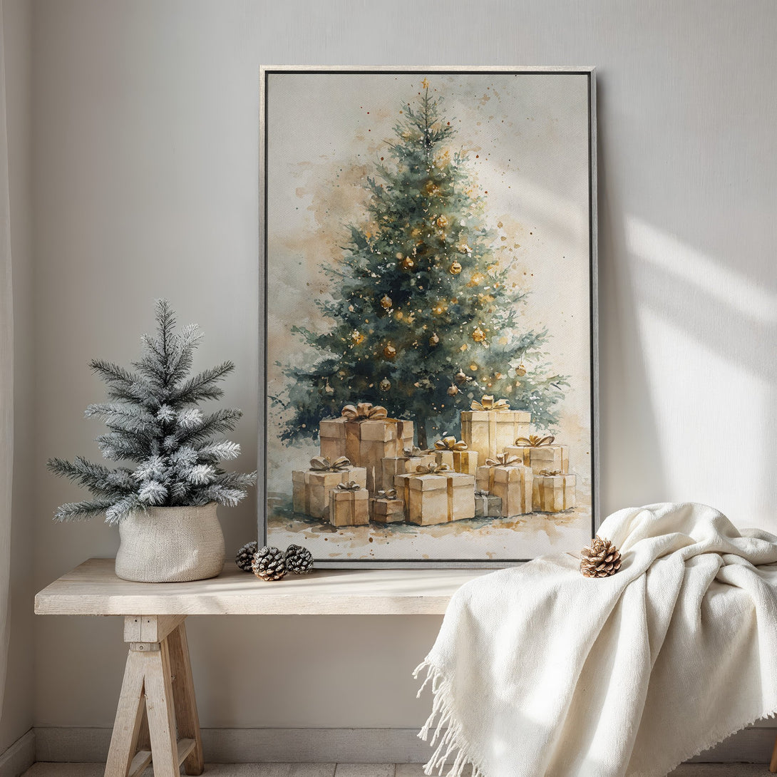 Framed Wall Art: Watercolor Christmas tree print in neutral tones. Perfect holiday decor for a cozy, inviting space. Shop now for unique wall art!