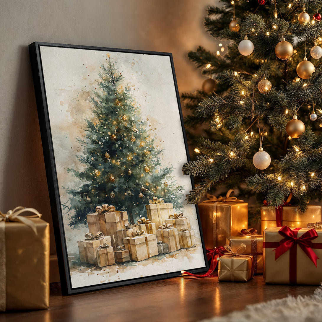 Framed Wall Art featuring a watercolor Christmas tree with gifts, in a warm, neutral color palette. Perfect holiday decor!
