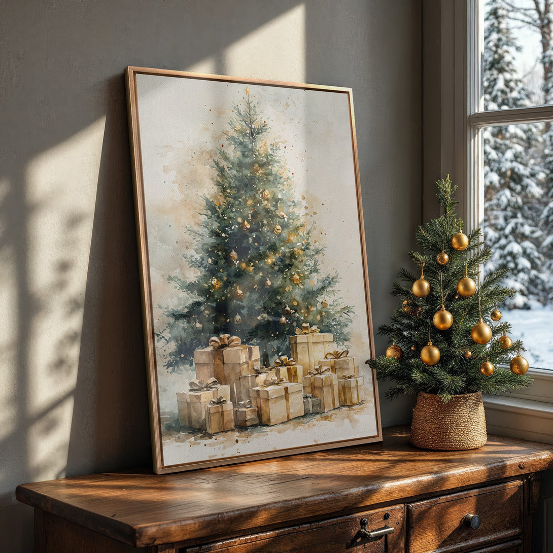 Framed Wall Art of a watercolor Christmas tree with gifts, in neutral tones. Perfect holiday decor for a cozy, inviting home.
