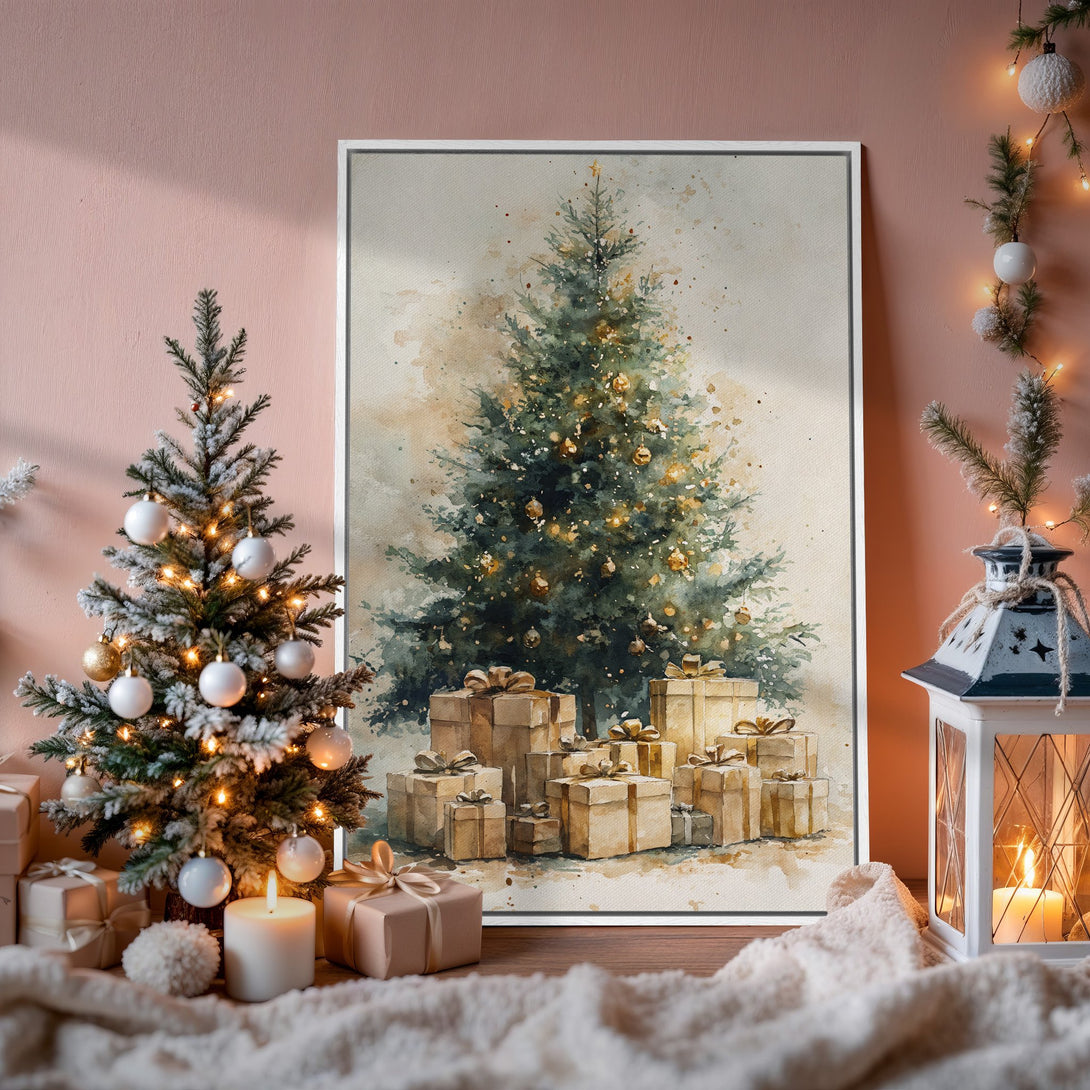 Framed Wall Art: Watercolor Christmas tree print in a warm, neutral palette. Perfect holiday decor for a cozy, inviting home. Shop now!