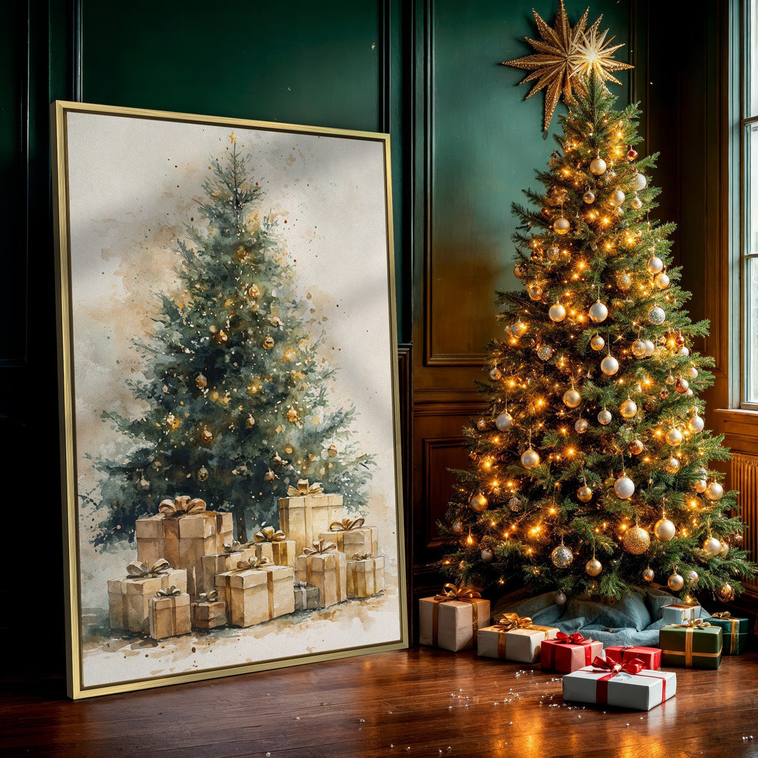 Canvas Print of a watercolor Christmas tree with gifts, warm neutral tones, perfect holiday decor.
