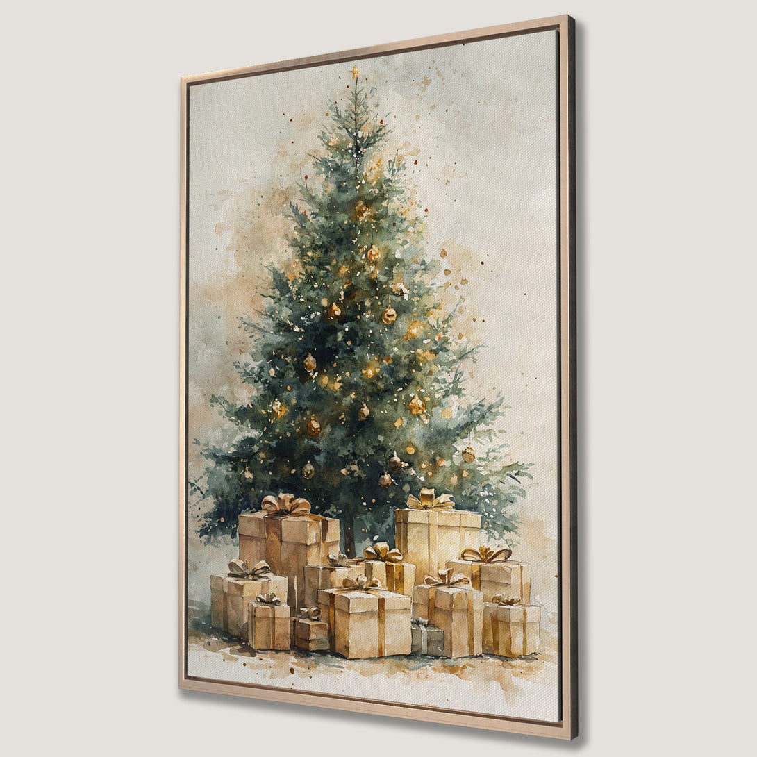 Framed Wall Art featuring a watercolor Christmas tree and gifts in a warm, neutral color palette. Perfect holiday decor!