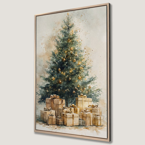Framed Wall Art featuring a watercolor Christmas tree and gifts in a warm, neutral color palette. Perfect holiday decor!