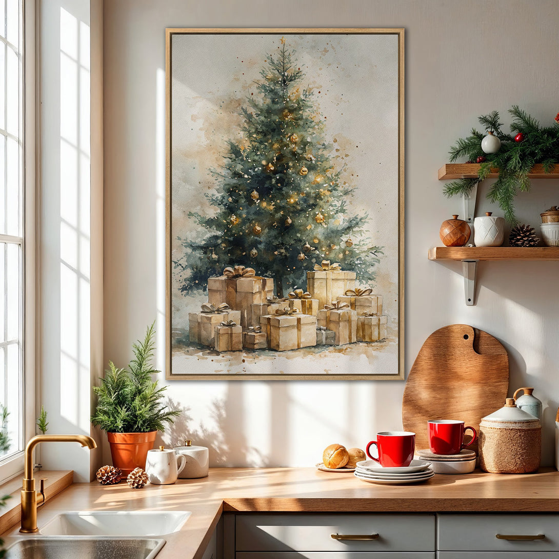 Framed Wall Art of a watercolor Christmas tree with gifts. Soft, neutral color palette perfect for holiday decor.