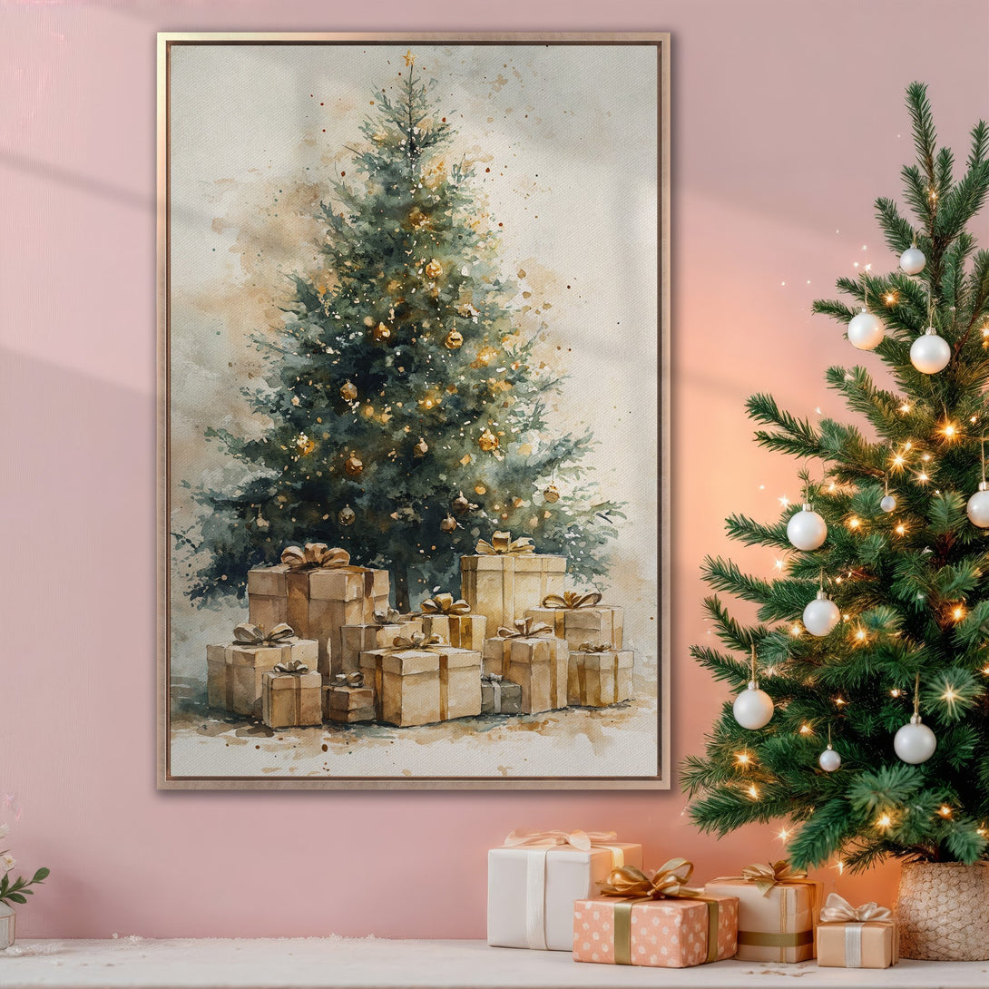 Watercolor Christmas tree Canvas Print in a warm, inviting interior. Featuring a festive green, gold, and brown color palette. Perfect holiday wall art!
