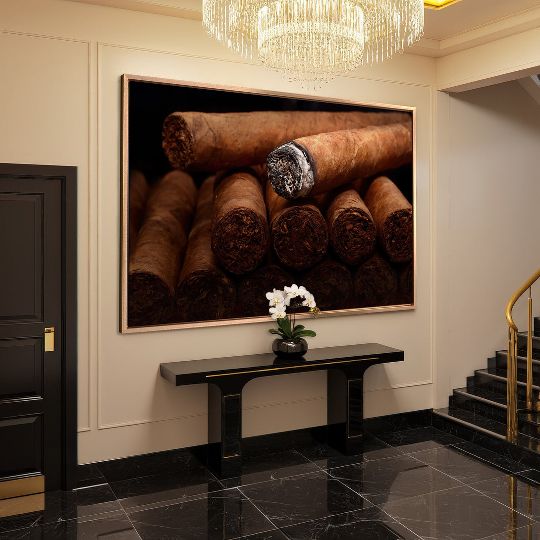 Framed Wall Art featuring a close-up of cigars, displayed in a luxury interior. Warm brown tones create a sophisticated and inviting atmosphere.