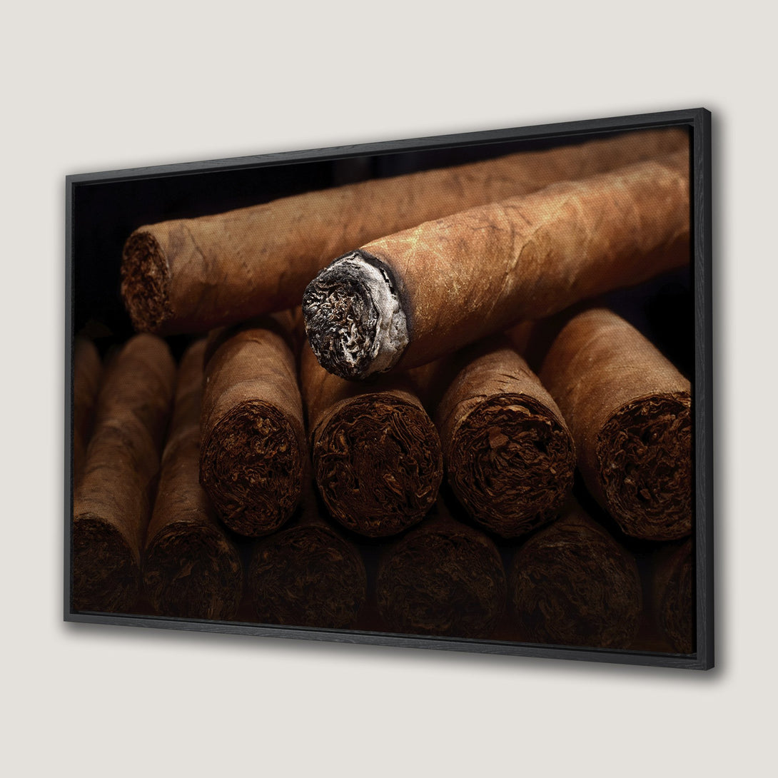 Framed Wall Art: Close-up of cigars with warm brown tones. Perfect for adding a touch of luxury and sophistication to any space. Shop now!