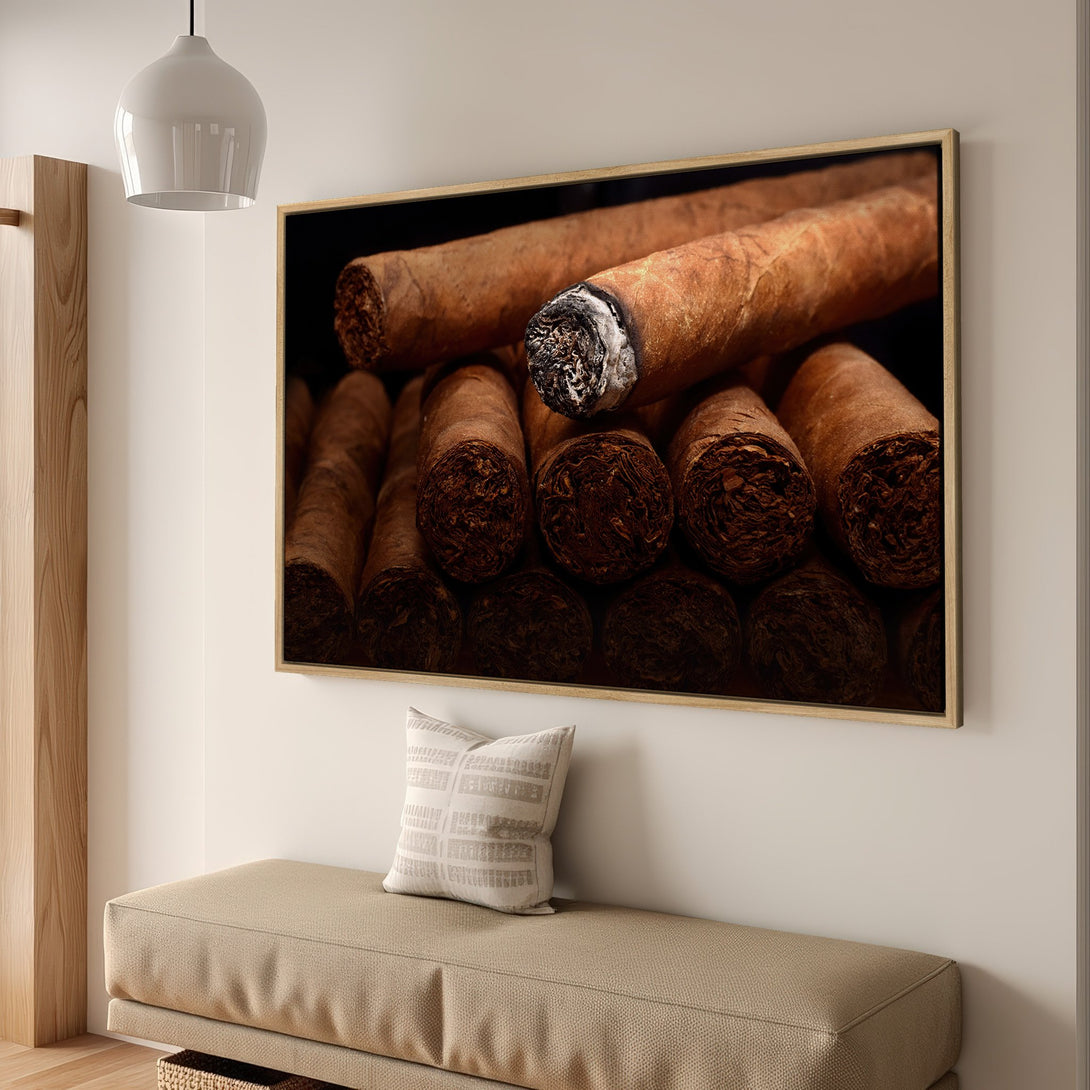 Framed Wall Art: Close-up of cigars with warm brown tones. Perfect for adding a touch of luxury and sophistication to your home decor.