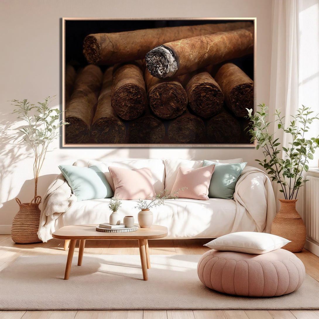 Framed Wall Art featuring a close-up of cigars in warm brown tones. Perfect for adding a touch of sophistication to any living space.