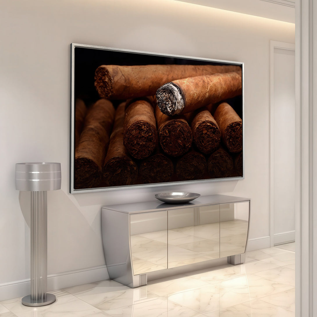 Framed Wall Art featuring a close-up of cigars in warm brown tones. Perfect for adding a touch of luxury to your home decor.