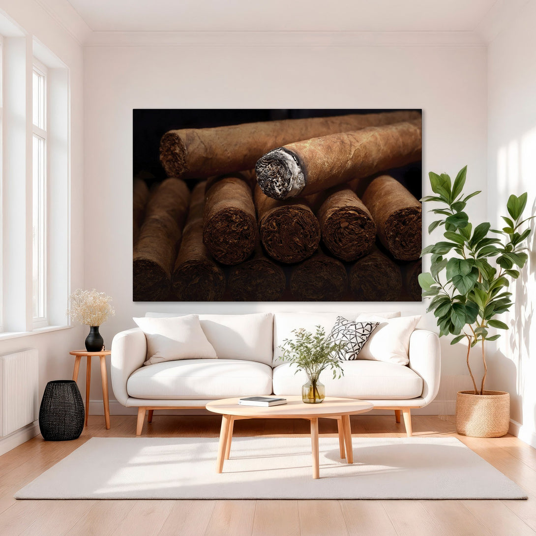 Framed Wall Art: Close-up of cigars with a warm brown palette. Stylish Canvas Print adds luxury to any interior. Perfect home decor accent.
