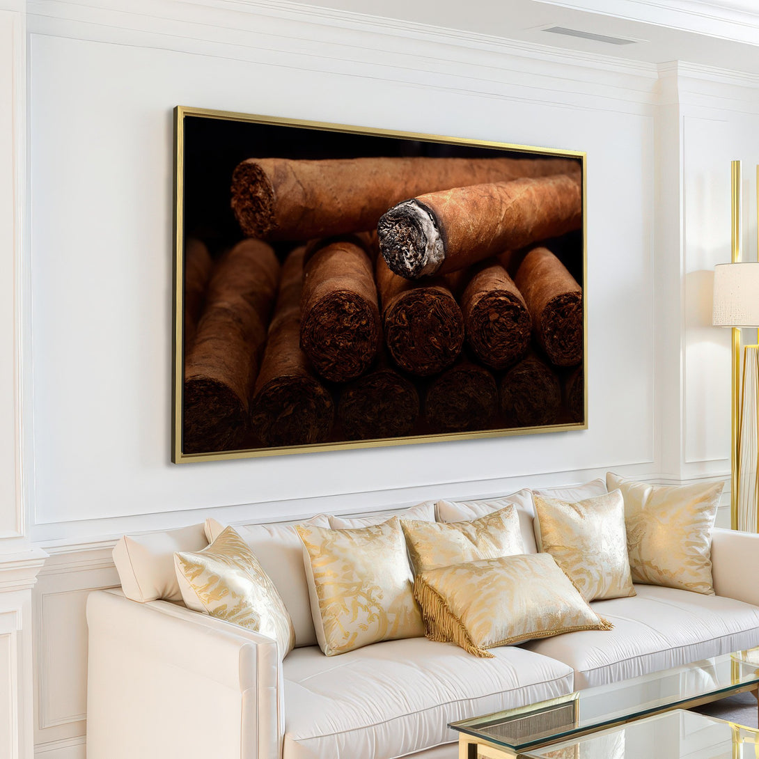 Canvas Print featuring close-up of cigars in warm brown tones. Modern wall art perfect for adding a touch of luxury to any space.