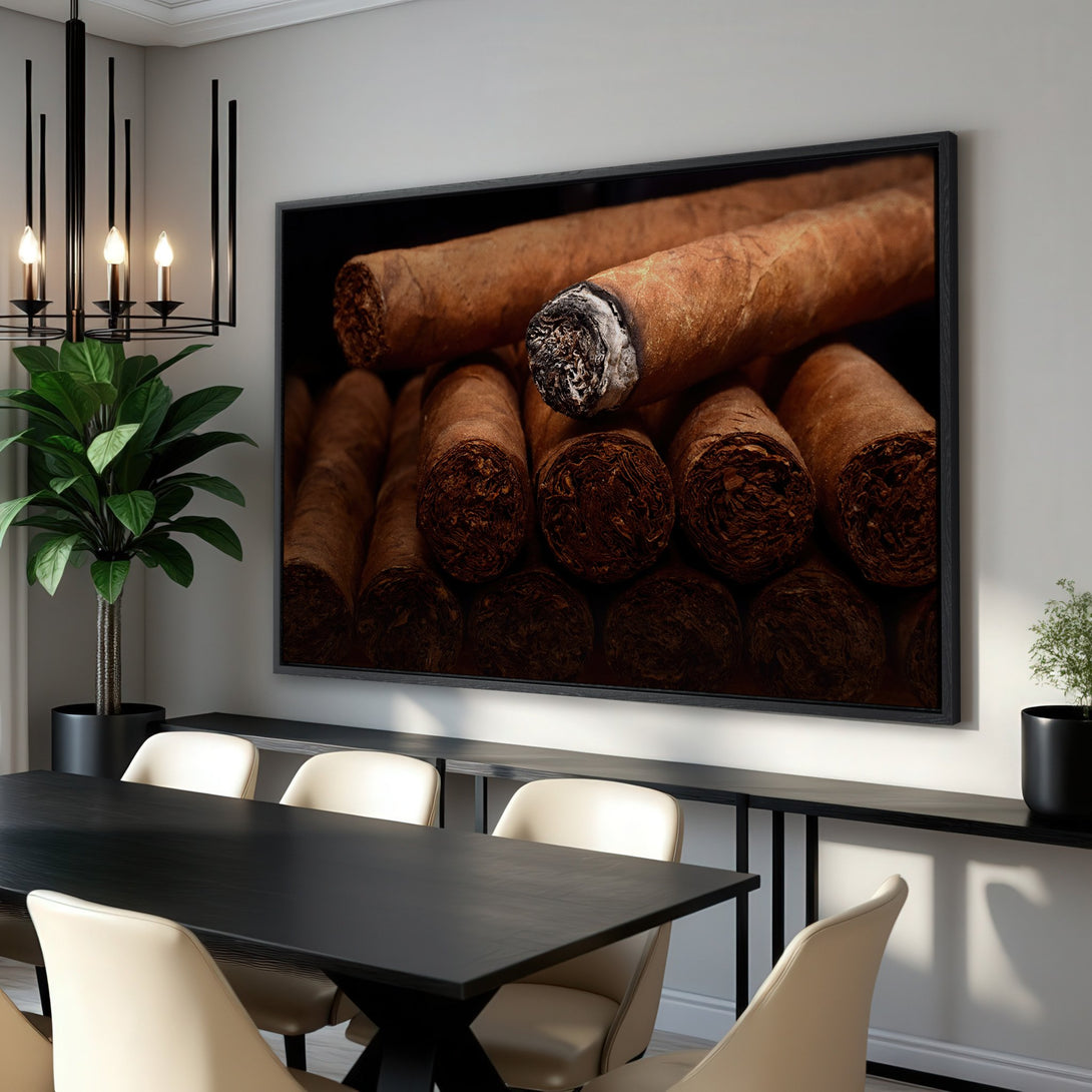 Framed Wall Art featuring cigars in warm brown tones. Perfect for adding a touch of luxury and sophistication to any space.