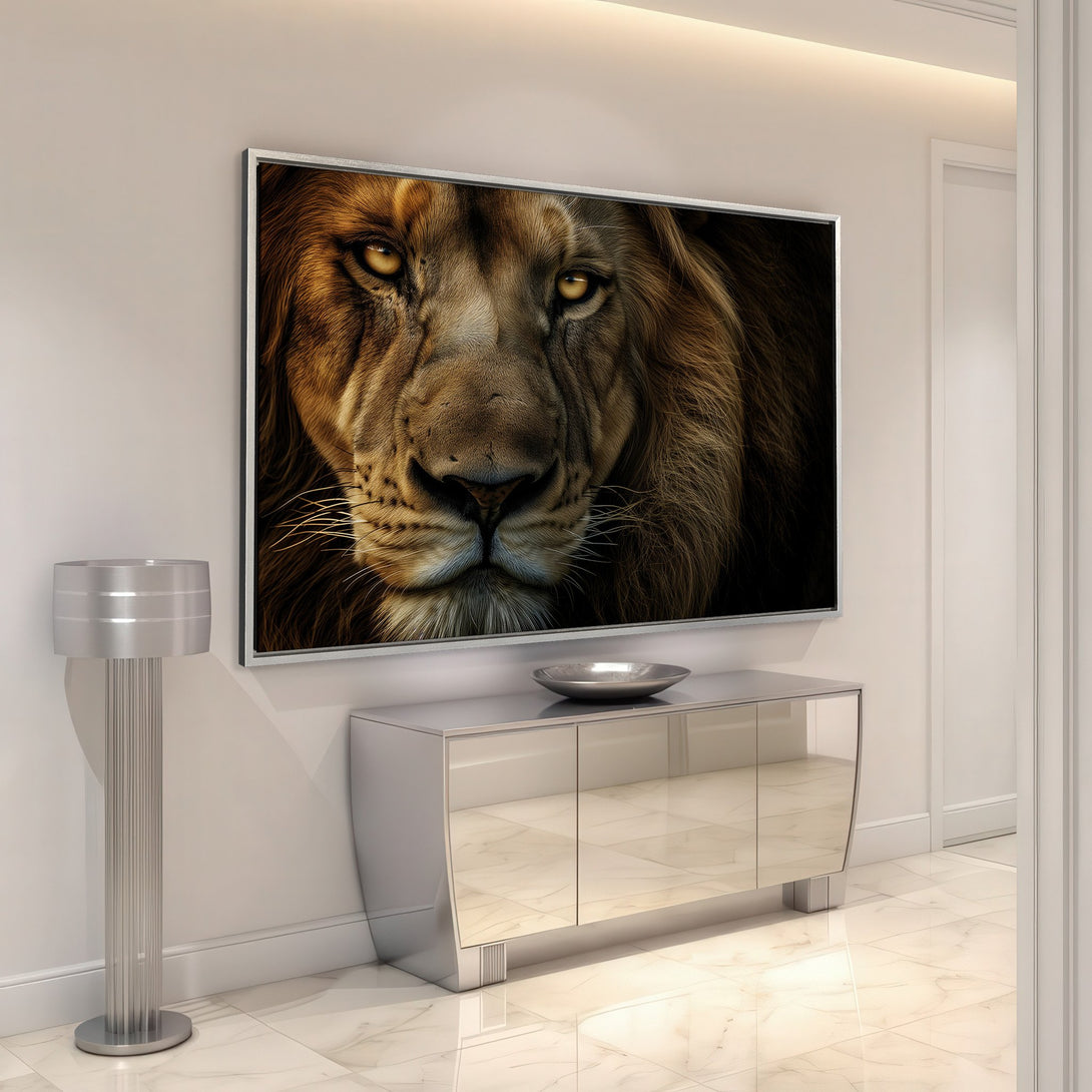 Framed Wall Art: Majestic lion portrait in warm, earthy tones. Stunning canvas print adds a touch of wild elegance to any space. Shop now!