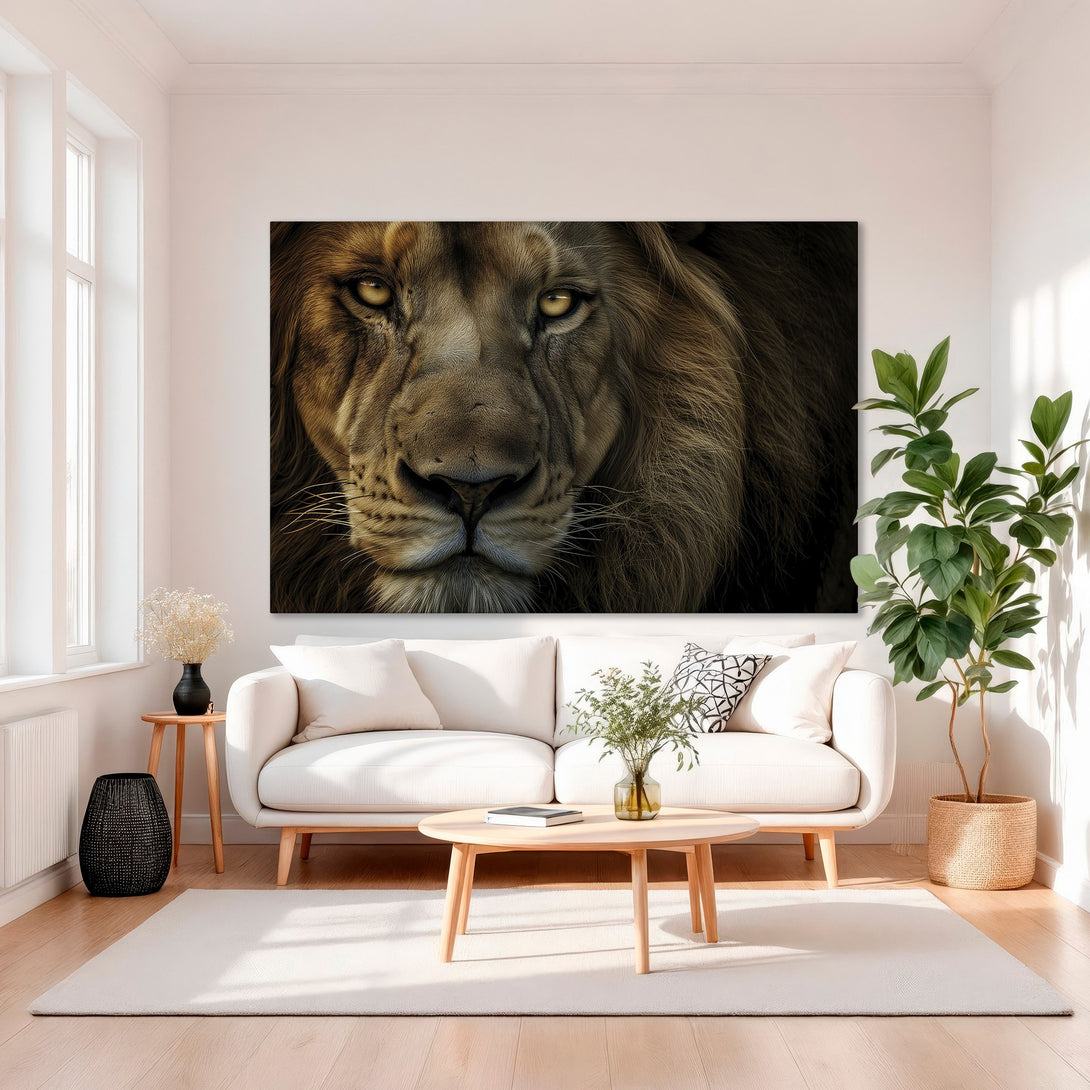 Framed Wall Art: Majestic lion portrait in warm brown tones. Stunning canvas print for your living room. Luxurious decor, golden frame.