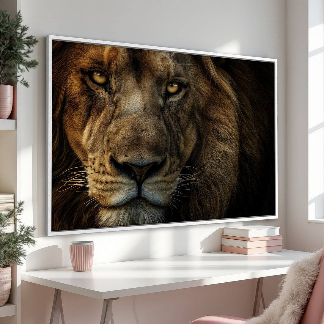 Framed Wall Art: Majestic lion portrait in warm brown tones. Add a touch of wild elegance to your space with this stunning canvas print!