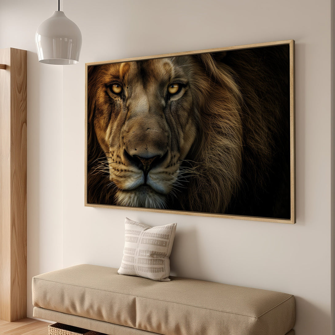 Framed Wall Art: Majestic lion portrait in warm brown tones. Stunning wildlife canvas print for a bold interior statement. Shop now!