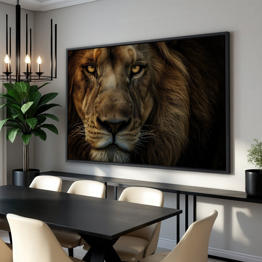 Framed Wall Art: Majestic lion portrait in warm brown tones. Stunning wildlife art for your home. Add a touch of power and elegance to your decor.