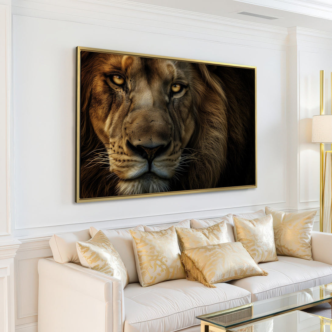 Canvas Print of a majestic lion, warm brown tones. Modern wall art for living room decor. Animal portrait in a neutral color palette.