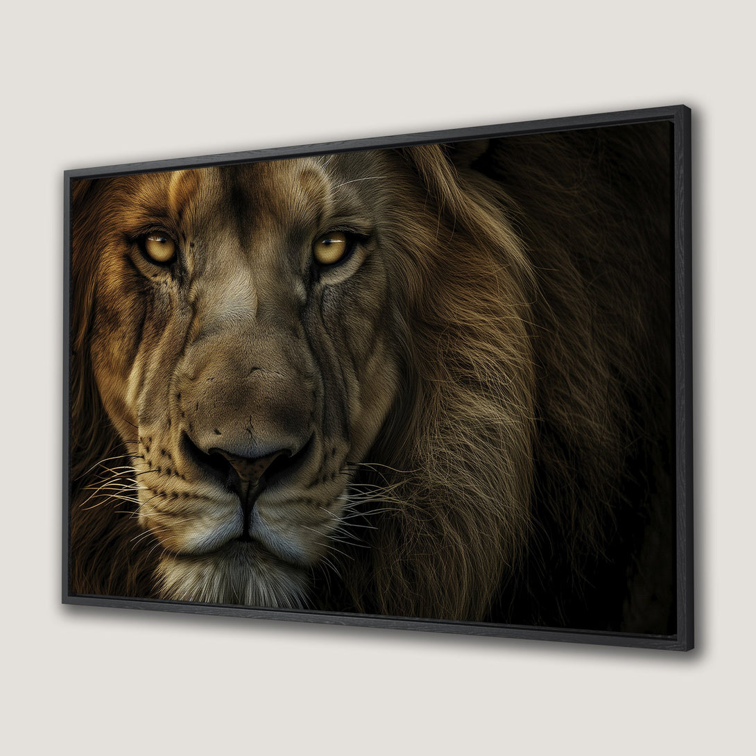 Framed Wall Art: Majestic lion portrait in warm brown tones. Stunning canvas print for a bold statement. Add a touch of wildlife to your home decor.