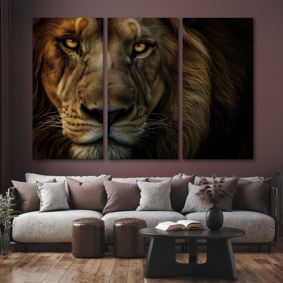 Canvas Print: Majestic lion portrait in warm brown tones. Modern wall art to elevate your space. Bring the wild into your home with this stunning piece.