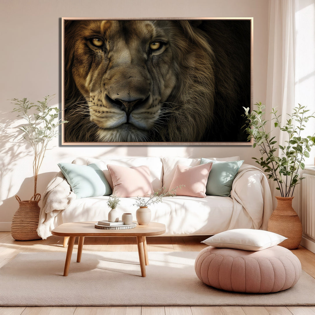 Framed Wall Art: Majestic lion portrait in warm brown tones. Modern decor with a neutral palette, perfect for living room or bedroom. Shop now!