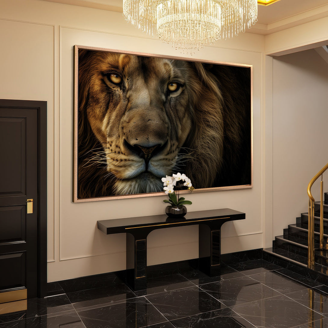 Framed Wall Art: Majestic lion portrait in warm brown tones. Elevate your space with this stunning canvas print!