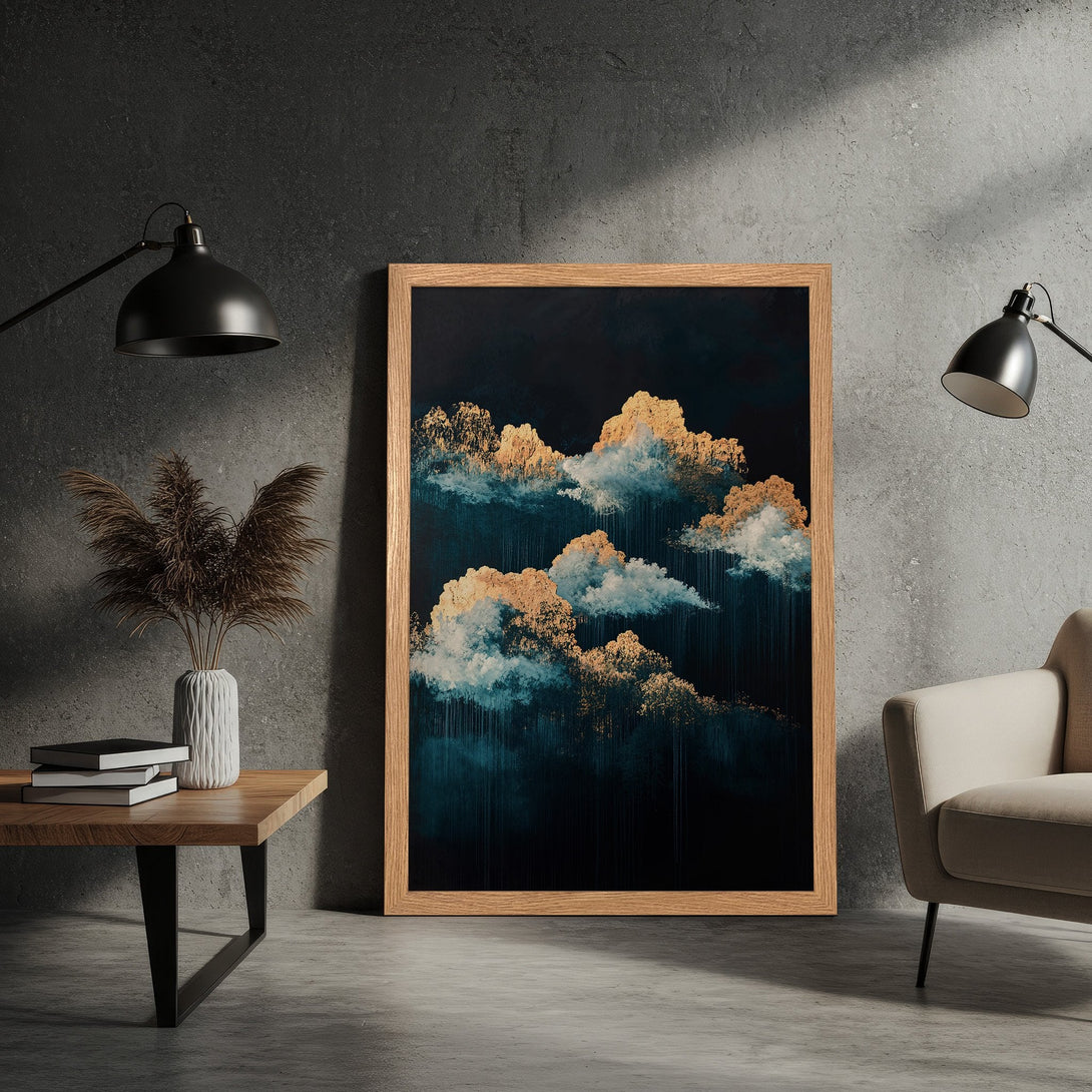 Framed Poster featuring abstract clouds in gold, teal, and navy. Modern art print for home decor.