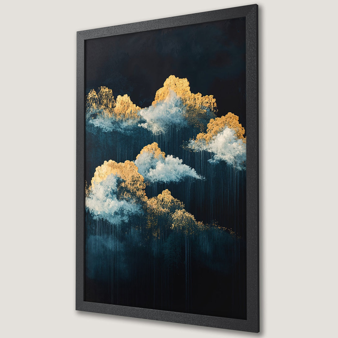 Framed Poster featuring abstract gold cloud art on a dark blue background. Modern style, perfect wall decor.