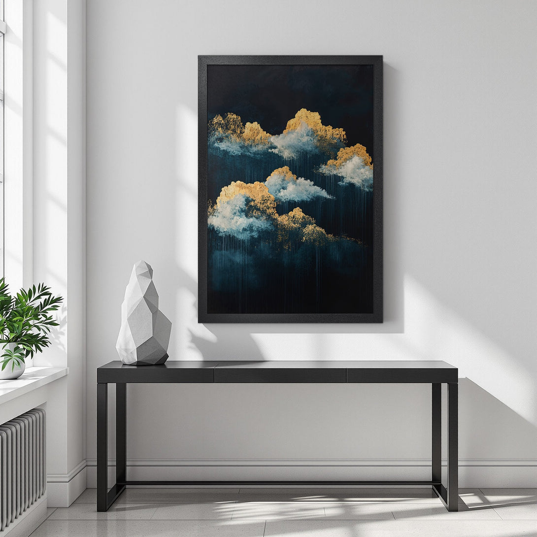 Framed Poster featuring abstract cloud art in gold, blue, and black. Modern wall decor for your home.