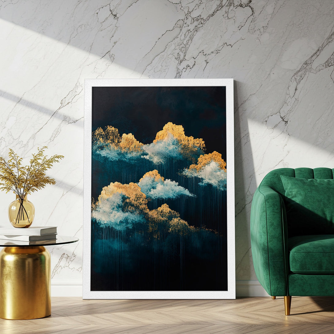 Framed Poster featuring abstract gold and teal clouds on a dark background. Modern art print for home decor.