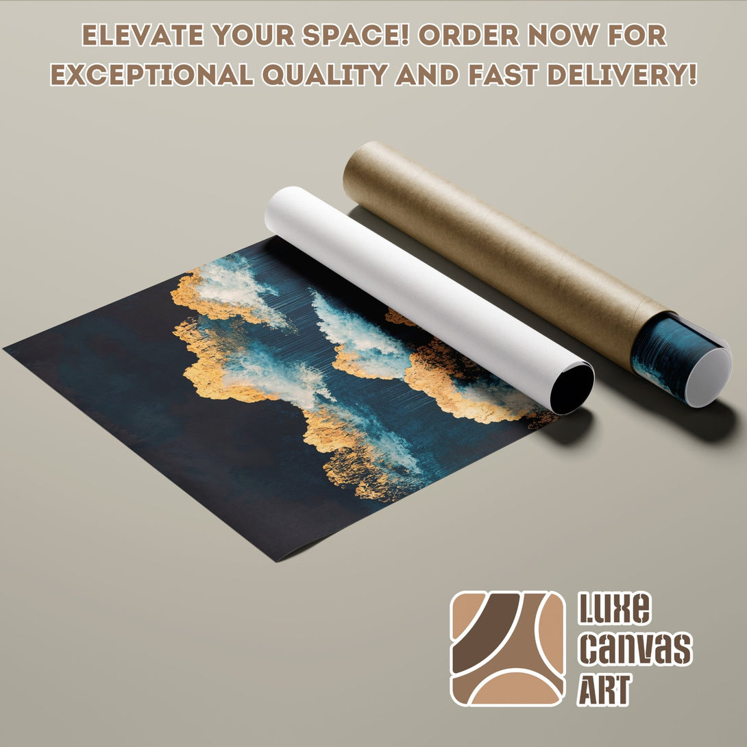 Poster Roll featuring abstract art in blue, gold, and navy. Elevate your space with Luxe Canvas Art! Order now!