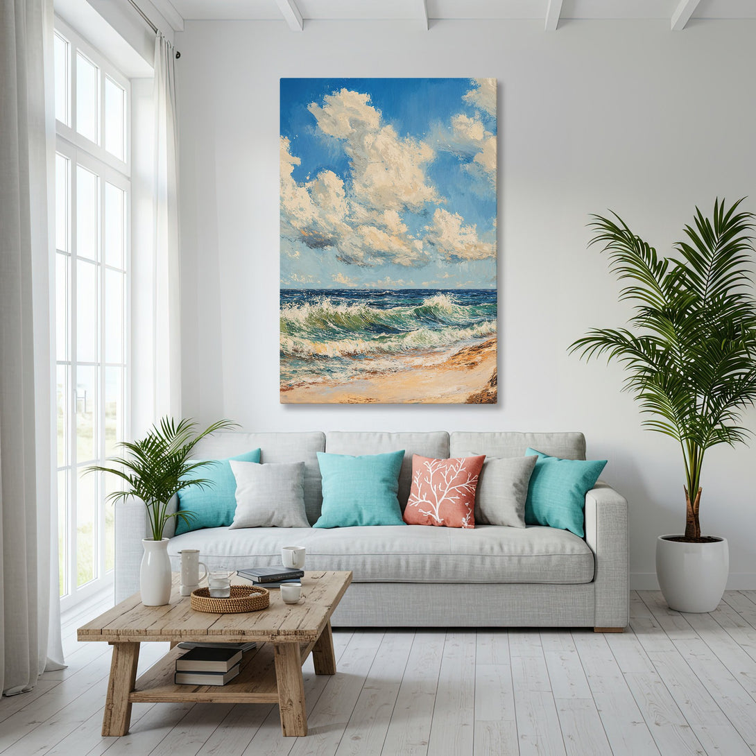 Framed Wall Art: Coastal scene Canvas Print in blue, white, and gold. Perfect for beach house decor.