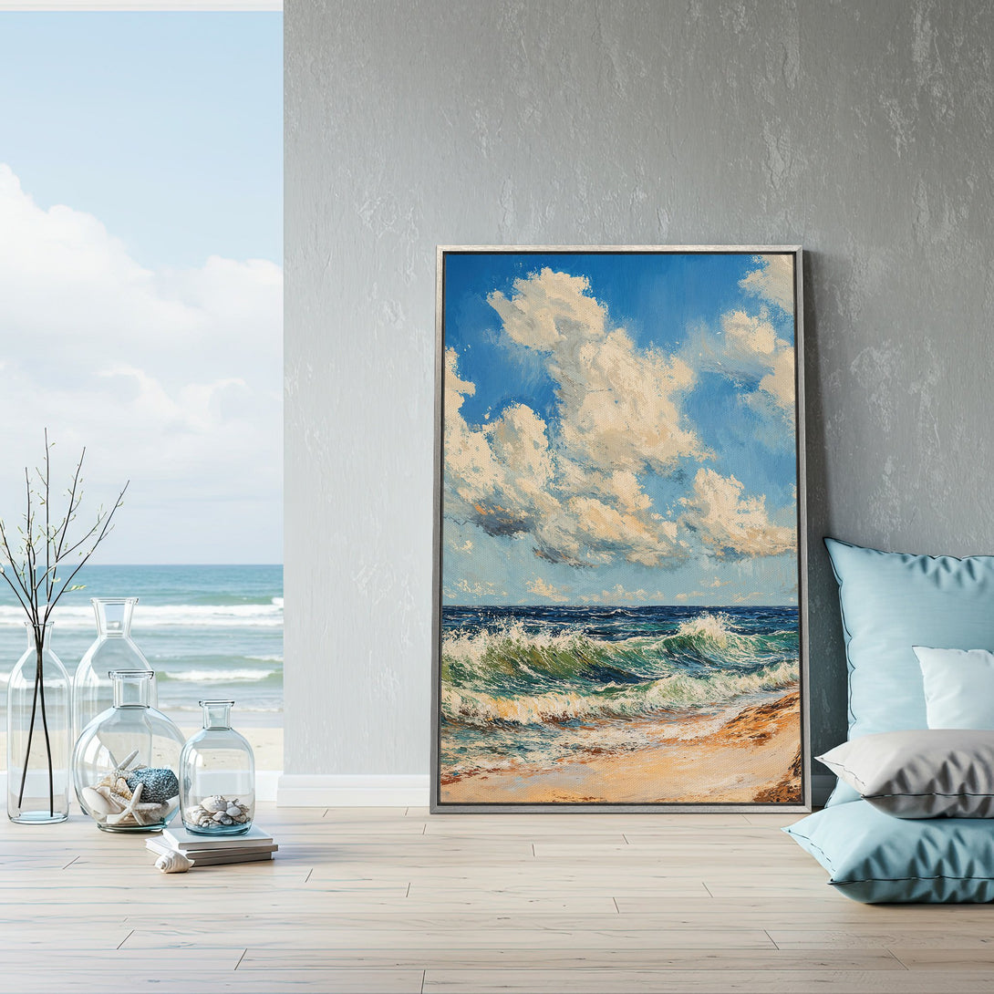 Framed Wall Art: Coastal landscape Canvas Print with blue, green, and beige tones. Perfect for adding a touch of serenity and style to your home decor.