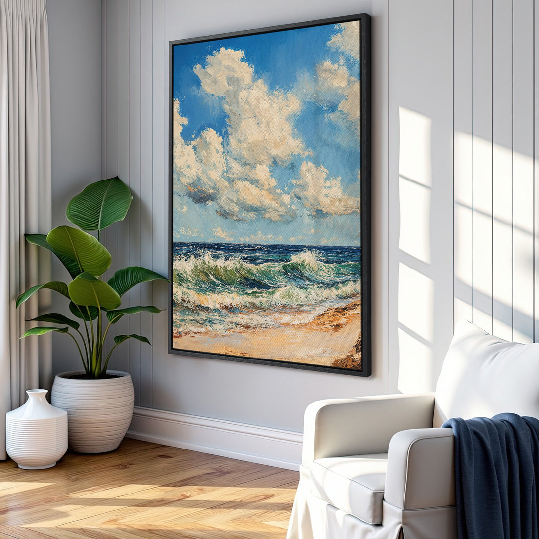 Framed Wall Art: Coastal landscape Canvas Print featuring ocean waves and blue sky. Enhance your space with this calming, impressionistic artwork in a serene color palette.