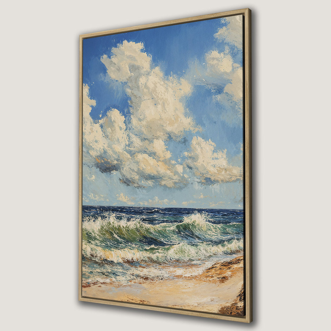Framed Wall Art: Ocean waves painting with blue, green, and beige tones. Coastal art print, perfect for beach house decor. Bring the serenity of the sea home!
