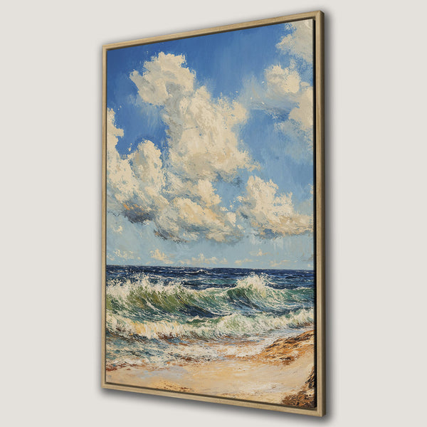Framed Wall Art: Ocean waves painting with blue, green, and beige tones. Coastal art print, perfect for beach house decor. Bring the serenity of the sea home!