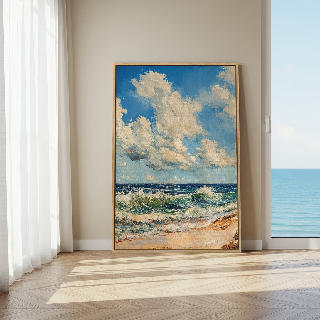 Framed Wall Art: Stunning ocean waves painting in blue, green, and beige tones. Coastal art print in a natural wood frame, perfect for home decor.