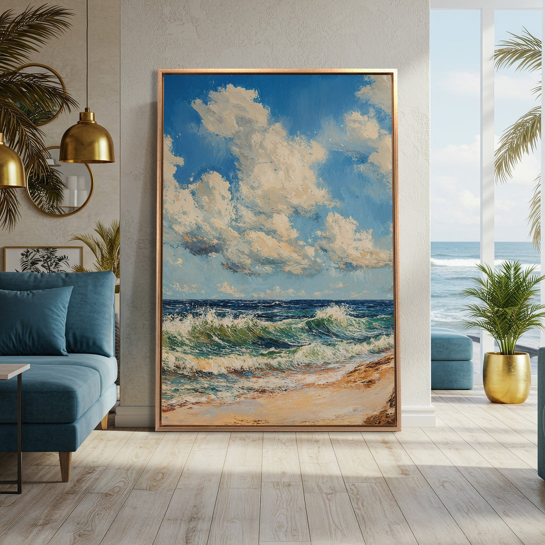 Framed Wall Art: Coastal landscape Canvas Print with blue, green, and beige tones. Perfect for adding a touch of ocean serenity to your home decor.