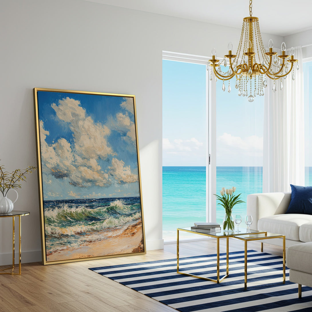 Canvas Print of a seascape painting with blue, white, and sand tones. Coastal art adds a calming touch to any interior.