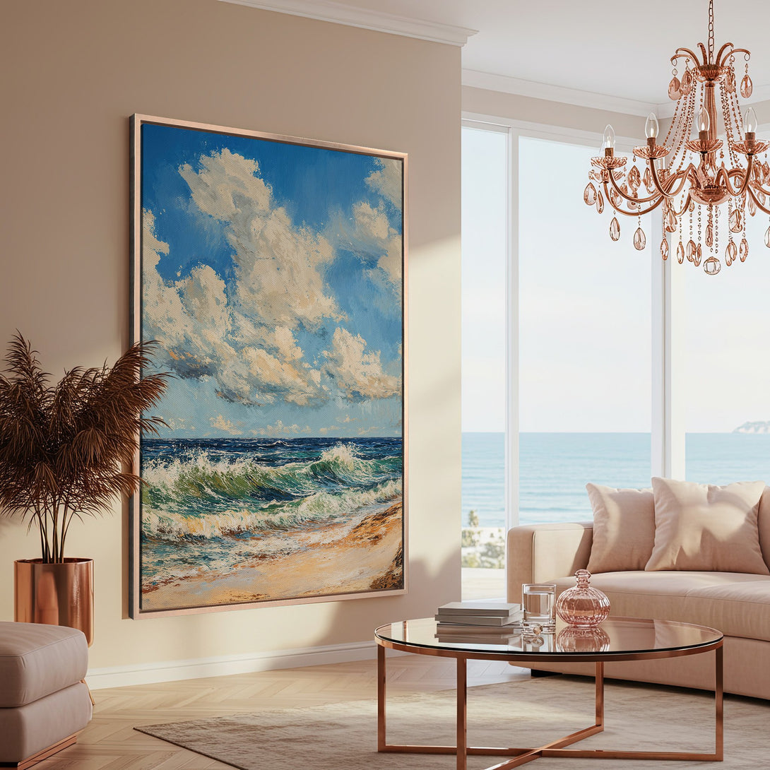 Framed Wall Art of a seascape painting in a coastal interior. Blue, green, and beige color palette. Add coastal charm to your home with this canvas print.