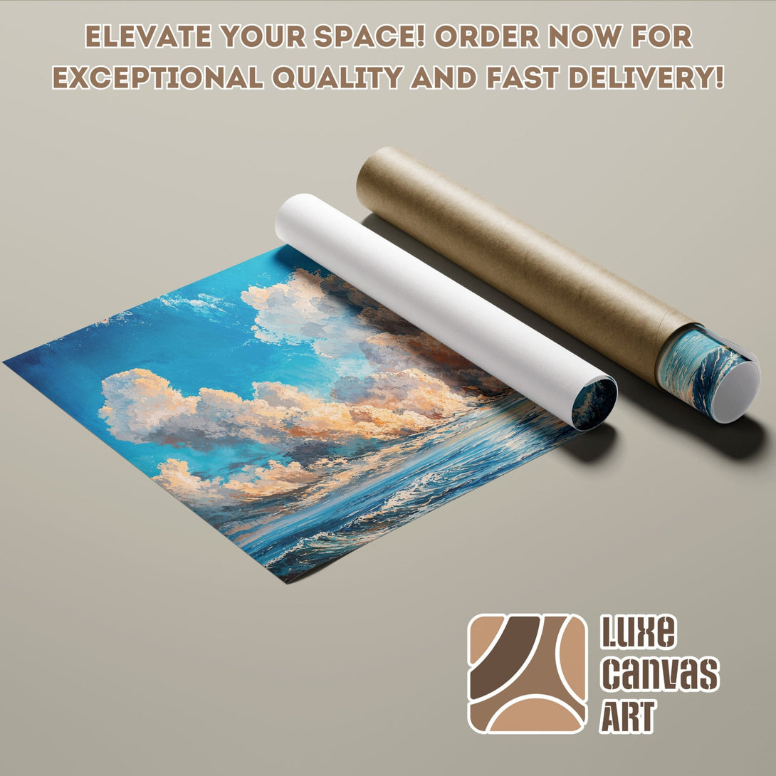 Ocean landscape Poster Roll. Artistic style, blue & gold color palette. Elevate your space! Order now!