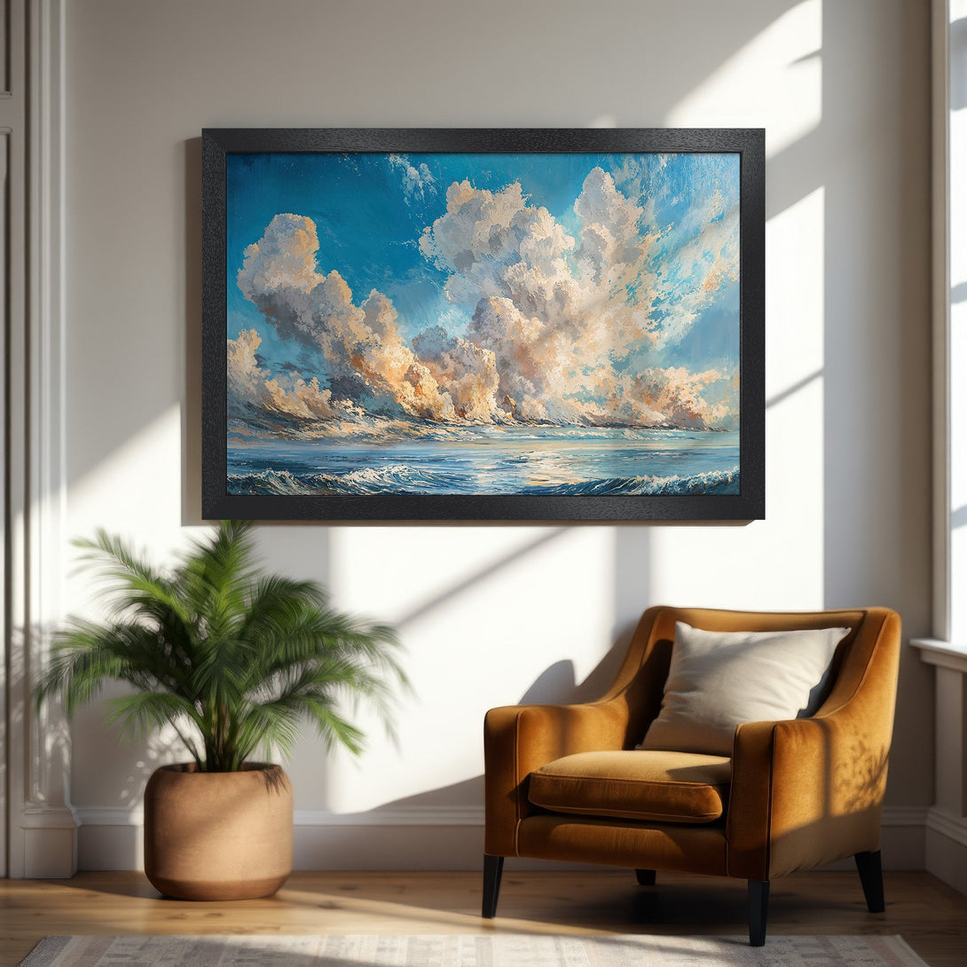 Framed Poster featuring an ocean and cloudscape in a painterly style with blue, white, and gold tones. Perfect wall art for your home!
