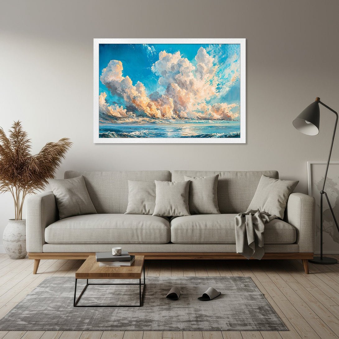 Framed Poster featuring a vibrant seascape painting with dramatic clouds and ocean waves. Artistic style, blue, white, and orange color palette.
